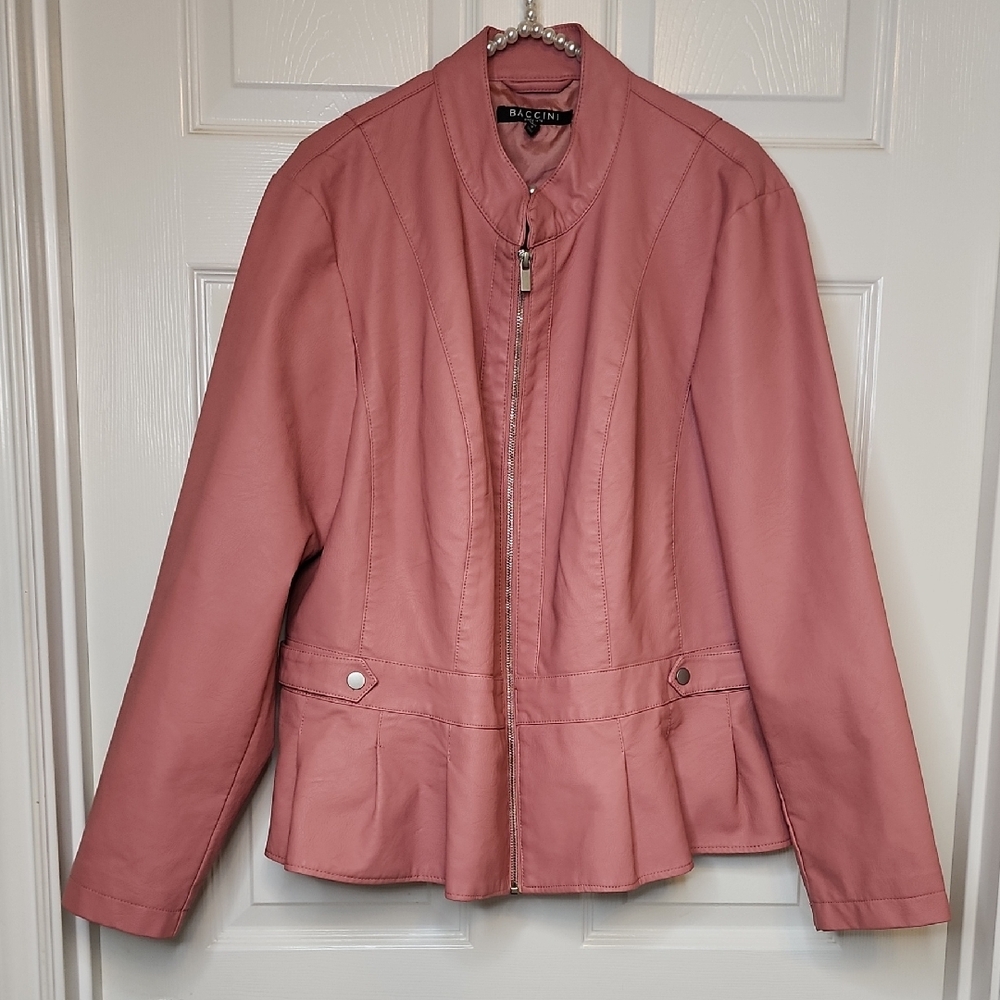 Baccini Blush Soft Pink Vegan Leather Zip Up Peplum Longsleeve Jacket Coat - Picture 2 of 12